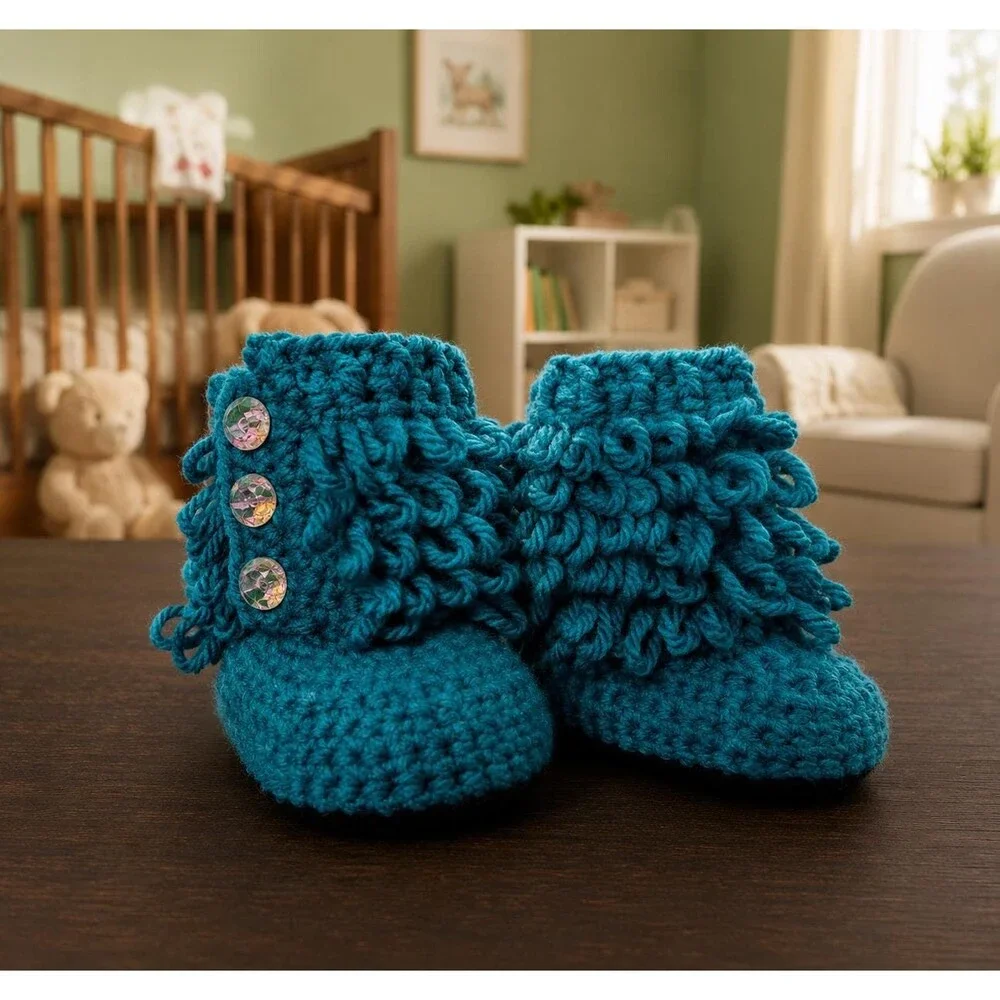 Handmade Teal Crochet Baby Boots, Curly Fringe, Iridescent Buttons (0-3 Months)